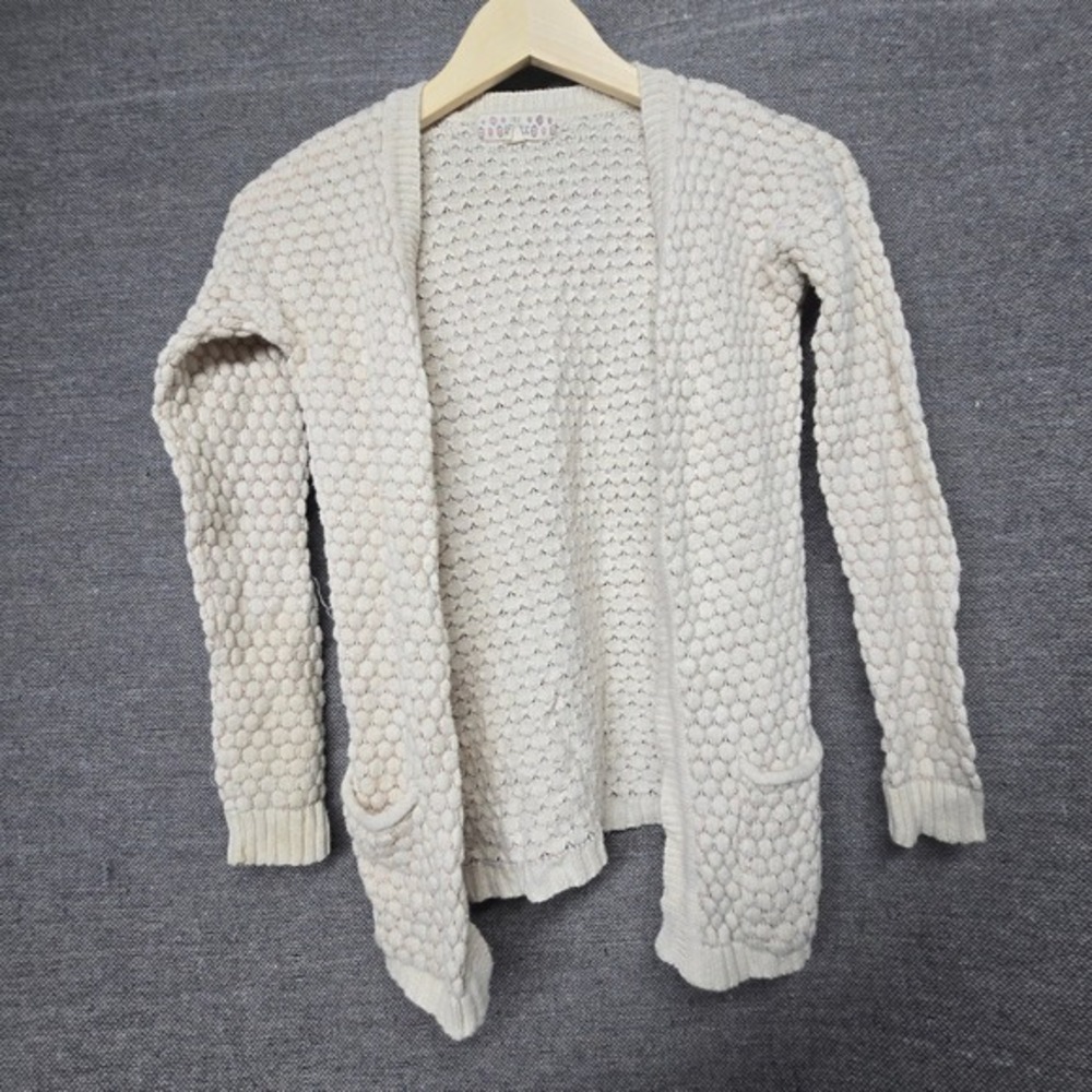 Pink Republic Girls Cream Popcorn Knit Metallic Open Front Cardigan ‎ S 7/8